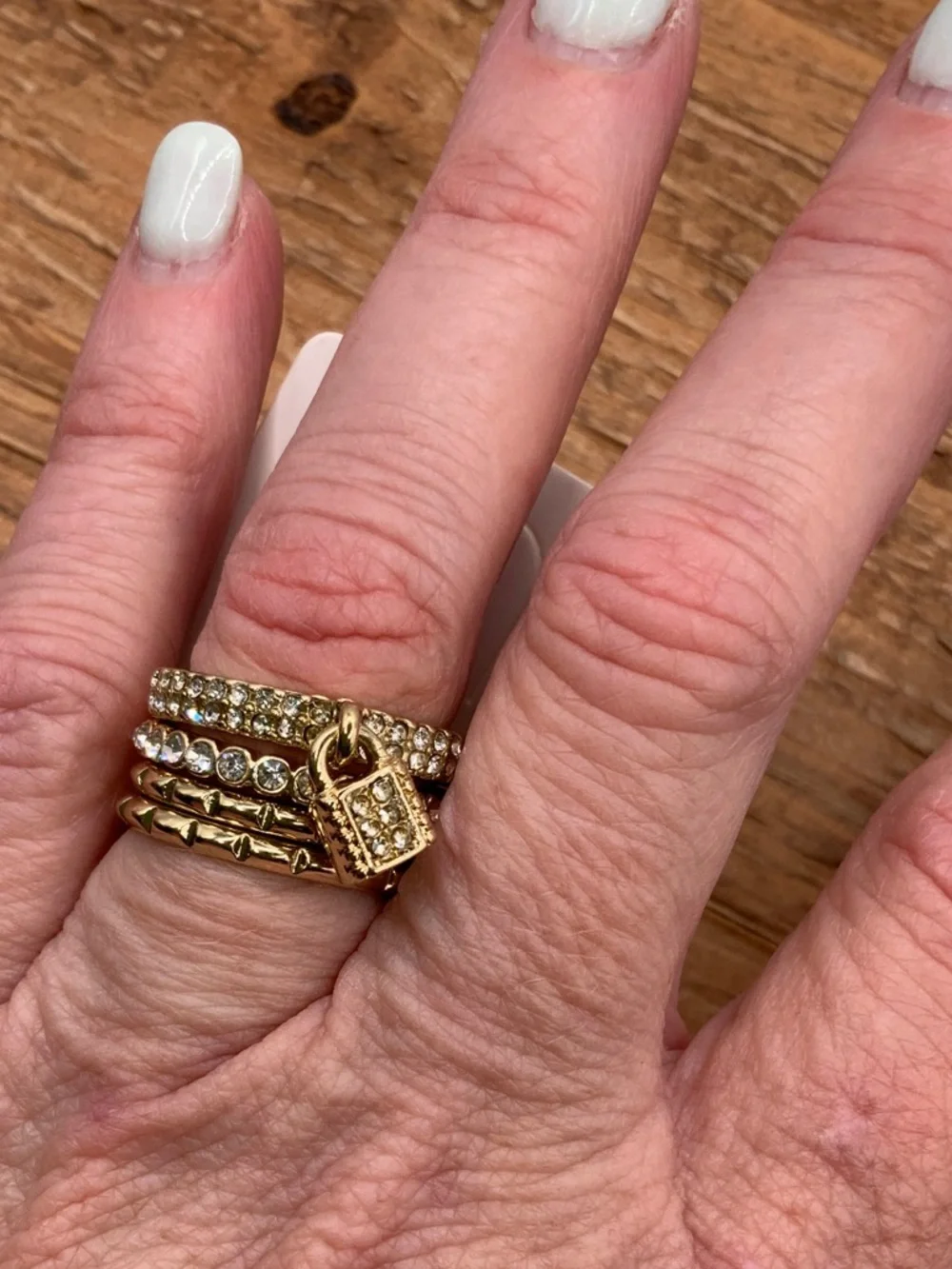 Fashion Nova Locked Away Gold Pavé Stackable Lock & Stud Ring Set